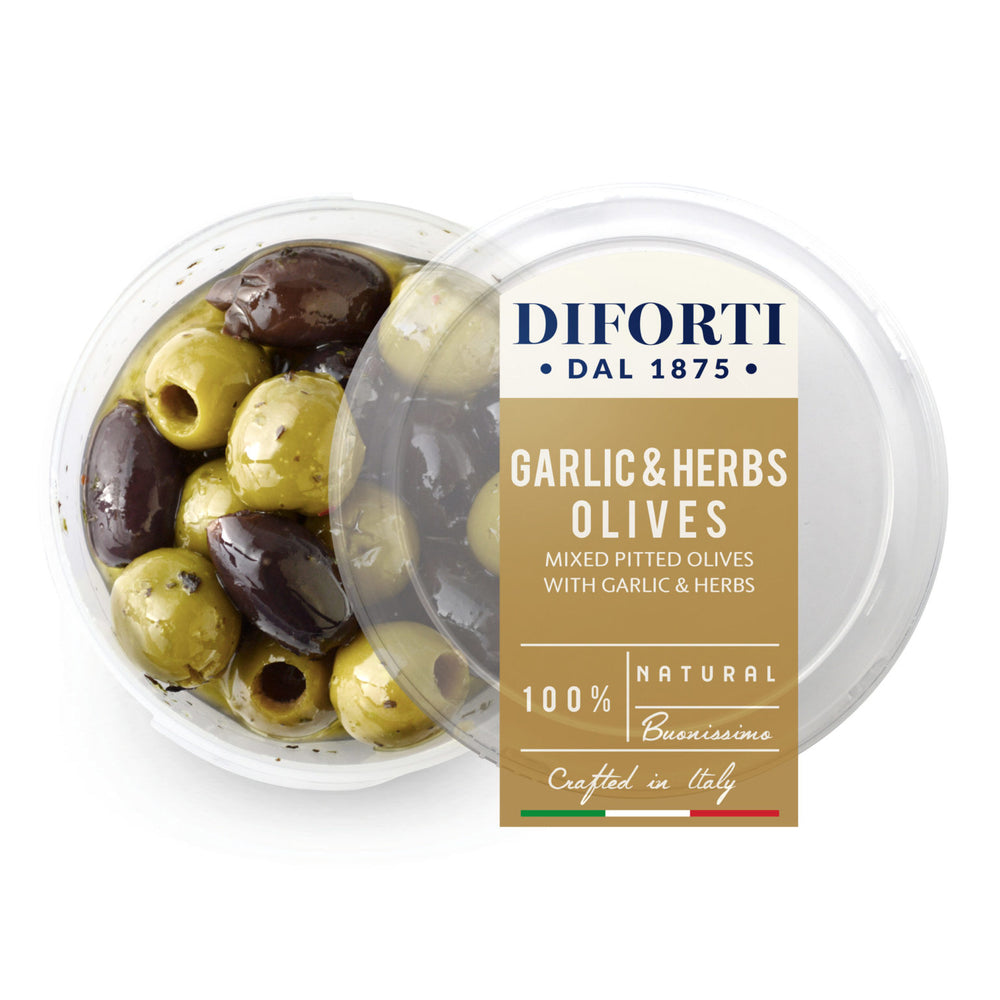 GARLIC & HERBS MIXED PITTED OLIVES 180G