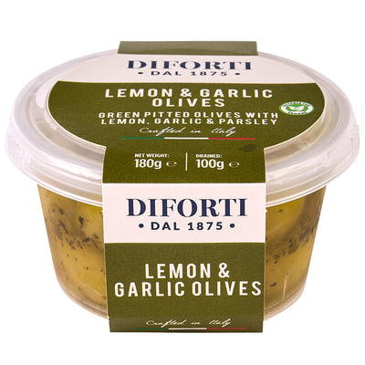 LEMON, GARLIC & PARSLEY GREEN PITTED OLIVES 180G