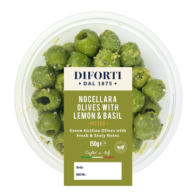 NOCELLARA OLIVES WITH LEMON & BASIL 150G