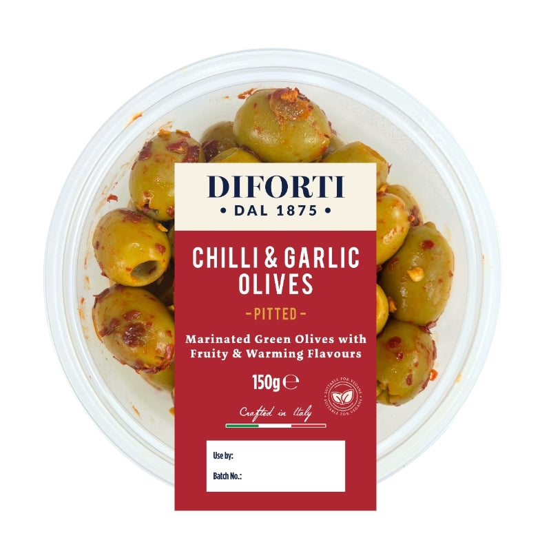 CHILLI & GARLIC OLIVES 150G