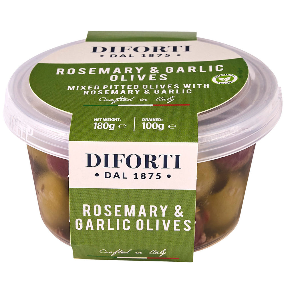 ROSEMARY & GARLIC MIXED PITTED OLIVES 180G