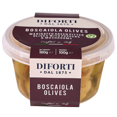 BOSCAIOLA GREEN PITTED OLIVES 180G