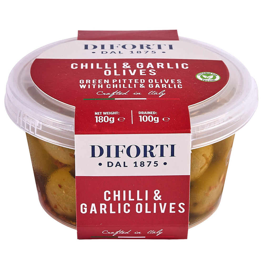 CHILLI & GARLIC GREEN PITTED OLIVES 180G