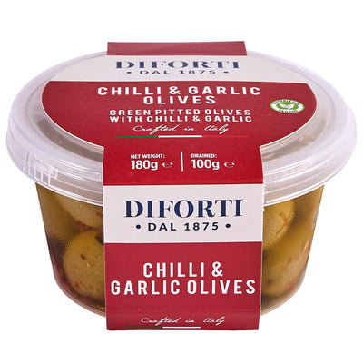 CHILLI & GARLIC GREEN PITTED OLIVES 180G