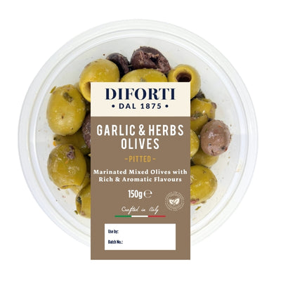 GARLIC & HERBS MIXED PITTED OLIVES 150G