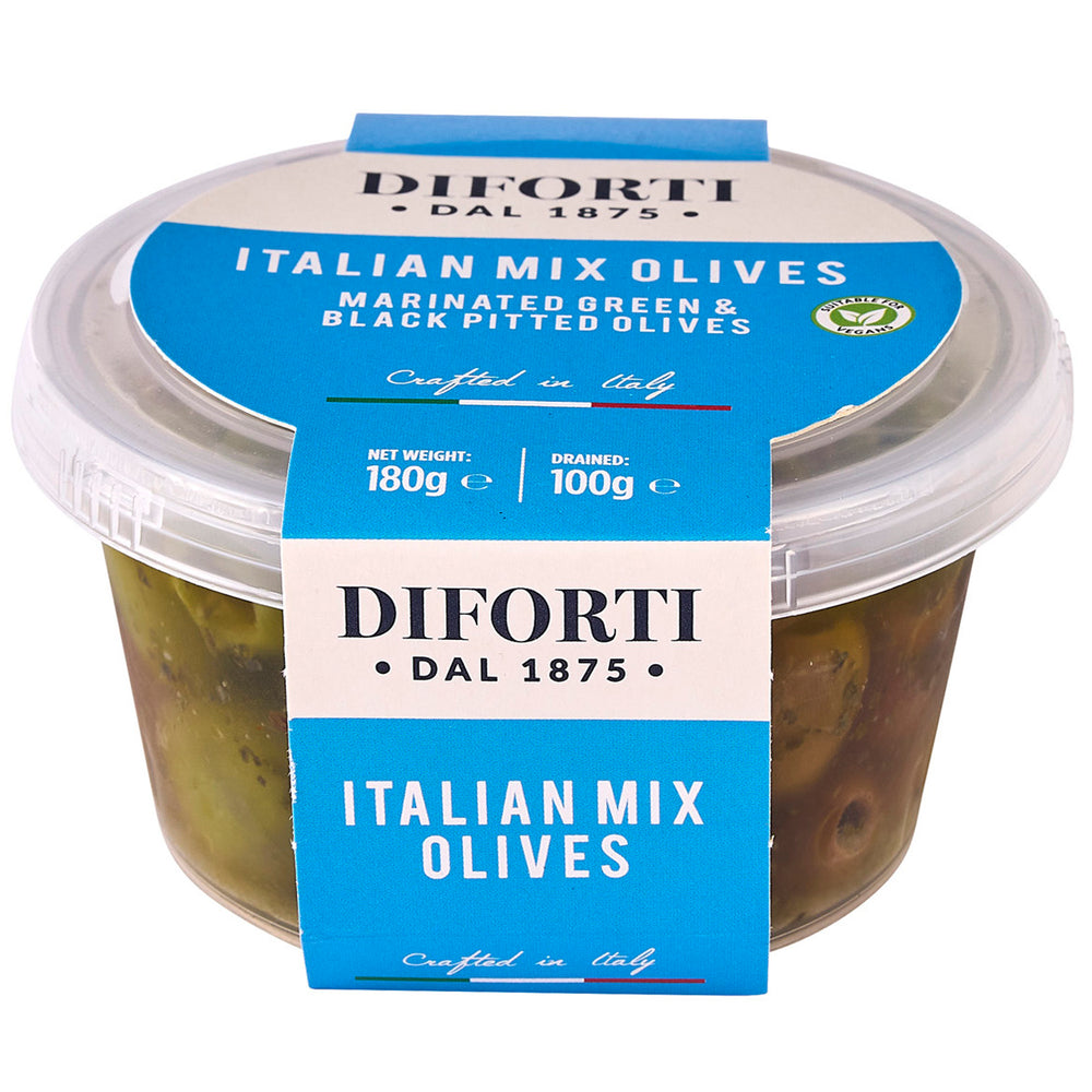 ITALIAN MIXED PITTED OLIVES 180G