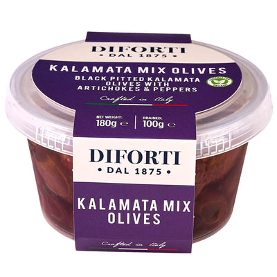 KALAMATA PITTED OLIVES WITH ARTICHOKES AND PEPPERS 180G