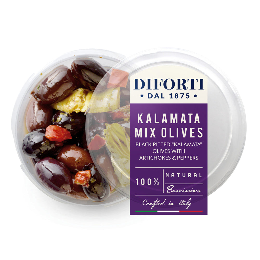 KALAMATA PITTED OLIVES WITH ARTICHOKES AND PEPPERS 180G
