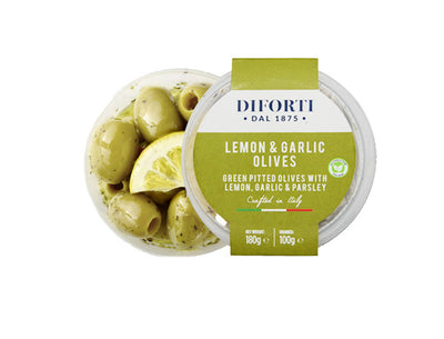 LEMON, GARLIC & PARSLEY GREEN PITTED OLIVES 180G