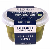 Container of Diforti Nocellara Olives with blue label on a white background