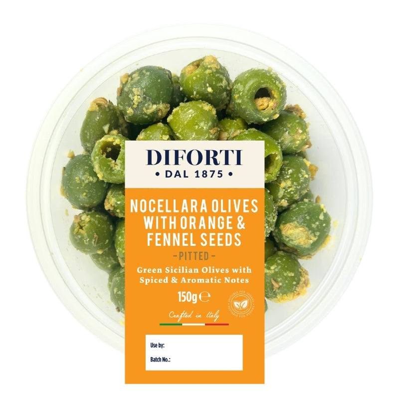 NOCELLARA OLIVES WITH ORANGE & FENNEL SEEDS 150G
